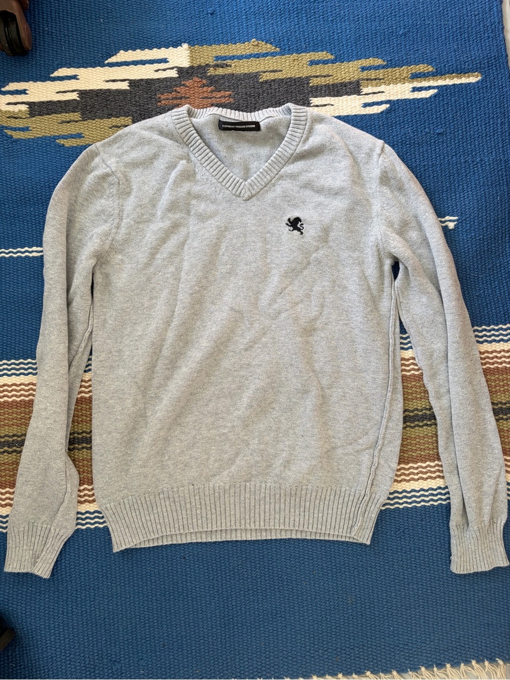 Express Light Gray V-Neck Sweater with Embroidered Crest